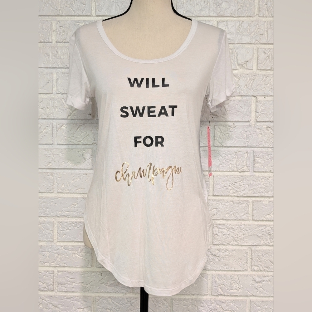 NWT Betsey Johnson *Will Sweat For Champagne* Tee Sz Xs Graphic White Shirt New